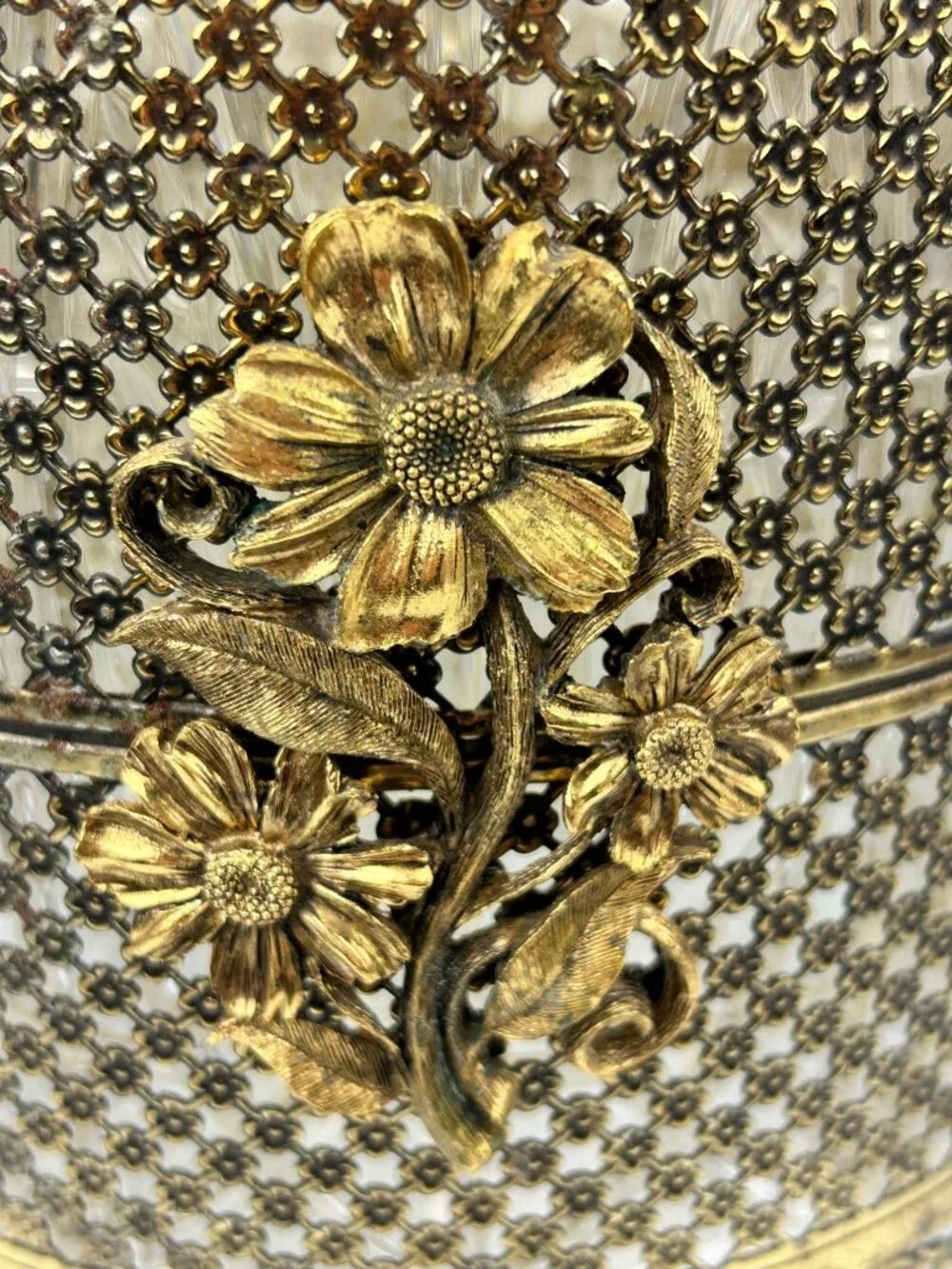 Gold Filigree Ormolu Rose Trash Can Waste Bin Clear Liner Hollywood Regency MCM